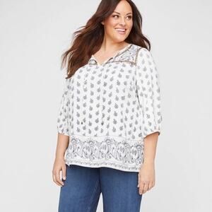 Catherine's Beaded Boho Floral Peasant Top Womens Size 0X Rayon Neutral Regency